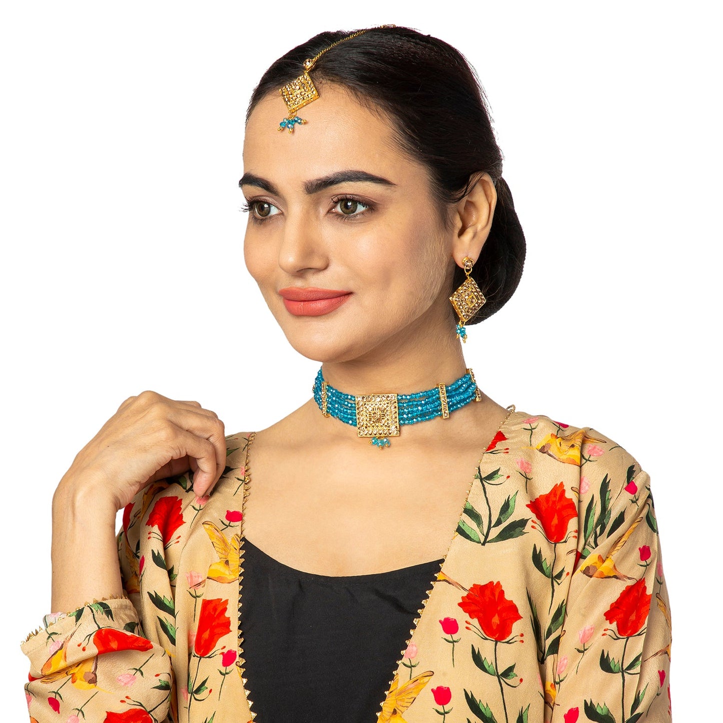 Shining Jewel Gold Plated Kundan Pearl Choker Bridal Necklace Combo Jewellery Set with Maang Tikka and Earrings for Women (SJN_156_AQ)