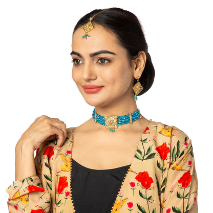 Shining Jewel Gold Plated Kundan Pearl Choker Bridal Necklace Combo Jewellery Set with Maang Tikka and Earrings for Women (SJN_156_AQ)