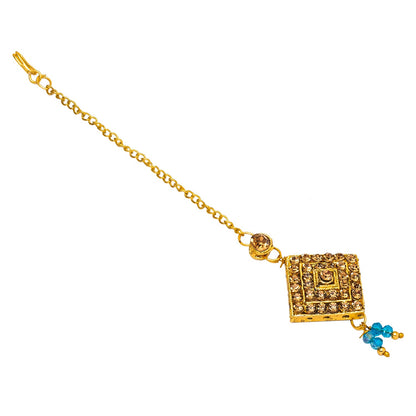 Shining Jewel Gold Plated Kundan Pearl Choker Bridal Necklace Combo Jewellery Set with Maang Tikka and Earrings for Women (SJN_156_AQ)