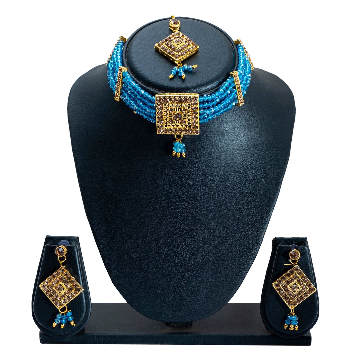 Shining Jewel Gold Plated Kundan Pearl Choker Bridal Necklace Combo Jewellery Set with Maang Tikka and Earrings for Women (SJN_156_AQ)