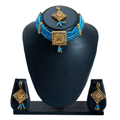 Shining Jewel Gold Plated Kundan Pearl Choker Bridal Necklace Combo Jewellery Set with Maang Tikka and Earrings for Women (SJN_156_AQ)
