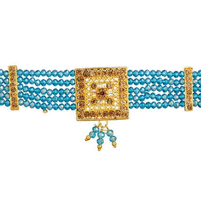 Shining Jewel Gold Plated Kundan Pearl Choker Bridal Necklace Combo Jewellery Set with Maang Tikka and Earrings for Women (SJN_156_AQ)