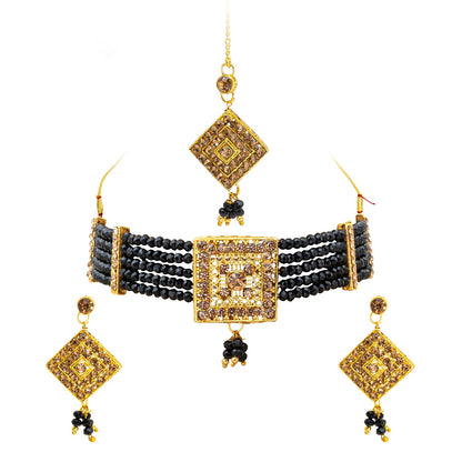 Shining Jewel Gold Plated Kundan Pearl Choker Bridal Necklace Combo Jewellery Set with Maang Tikka and Earrings for Women (SJN_156_BK)