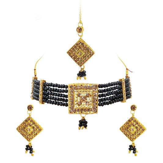 Shining Jewel Gold Plated Kundan Pearl Choker Bridal Necklace Combo Jewellery Set with Maang Tikka and Earrings for Women (SJN_156_BK)