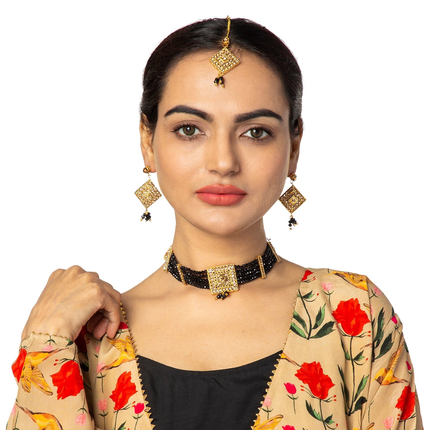Shining Jewel Gold Plated Kundan Pearl Choker Bridal Necklace Combo Jewellery Set with Maang Tikka and Earrings for Women (SJN_156_BK)