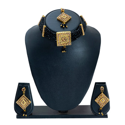 Shining Jewel Gold Plated Kundan Pearl Choker Bridal Necklace Combo Jewellery Set with Maang Tikka and Earrings for Women (SJN_156_BK)