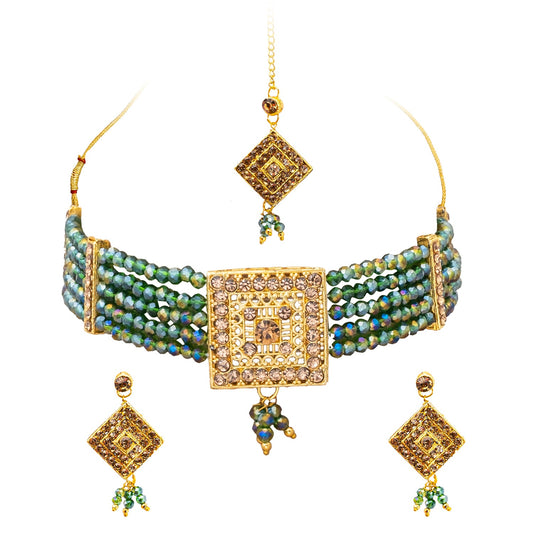 Shining Jewel Gold Plated Kundan Pearl Choker Bridal Necklace Combo Jewellery Set with Maang Tikka and Earrings for Women (SJN_156_G)
