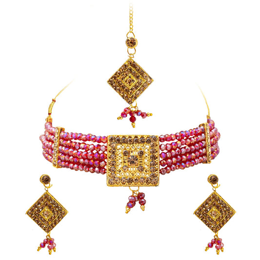 Shining Jewel Gold Plated Kundan Pearl Choker Bridal Necklace Combo Jewellery Set with Maang Tikka and Earrings for Women (SJN_156_M)