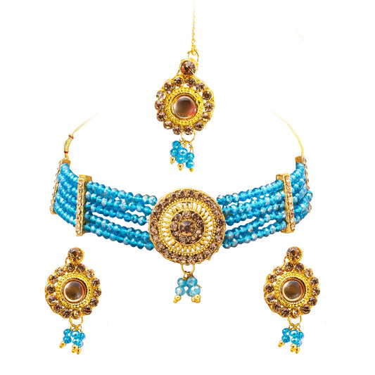 Shining Jewel Gold Plated Kundan Pearl Choker Bridal Necklace Combo Jewellery Set with Maang Tikka and Earrings for Women (SJN_157_AQ)
