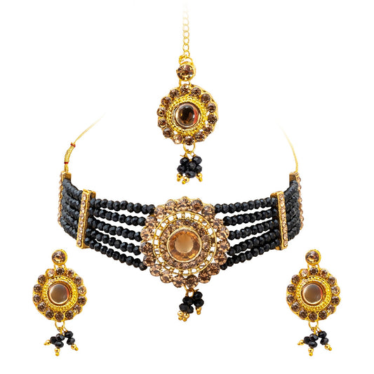 Shining Jewel Gold Plated Kundan Pearl Choker Bridal Necklace Combo Jewellery Set with Maang Tikka and Earrings for Women (SJN_157_BK)