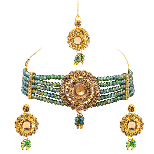 Shining Jewel Gold Plated Kundan Pearl Choker Bridal Necklace Combo Jewellery Set with Maang Tikka and Earrings for Women (SJN_157_G)