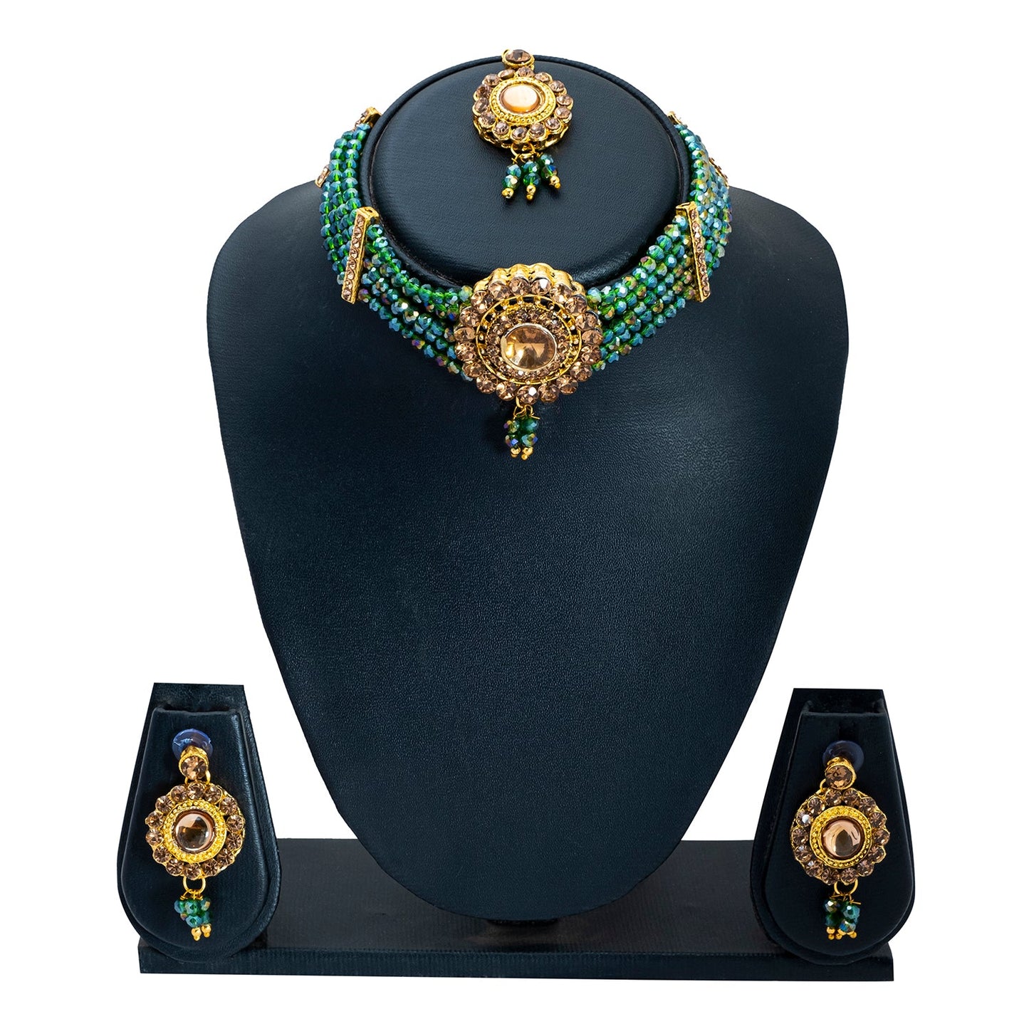 Shining Jewel Gold Plated Kundan Pearl Choker Bridal Necklace Combo Jewellery Set with Maang Tikka and Earrings for Women (SJN_157_M)