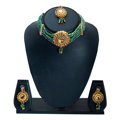 Shining Jewel Gold Plated Kundan Pearl Choker Bridal Necklace Combo Jewellery Set with Maang Tikka and Earrings for Women (SJN_157_M)