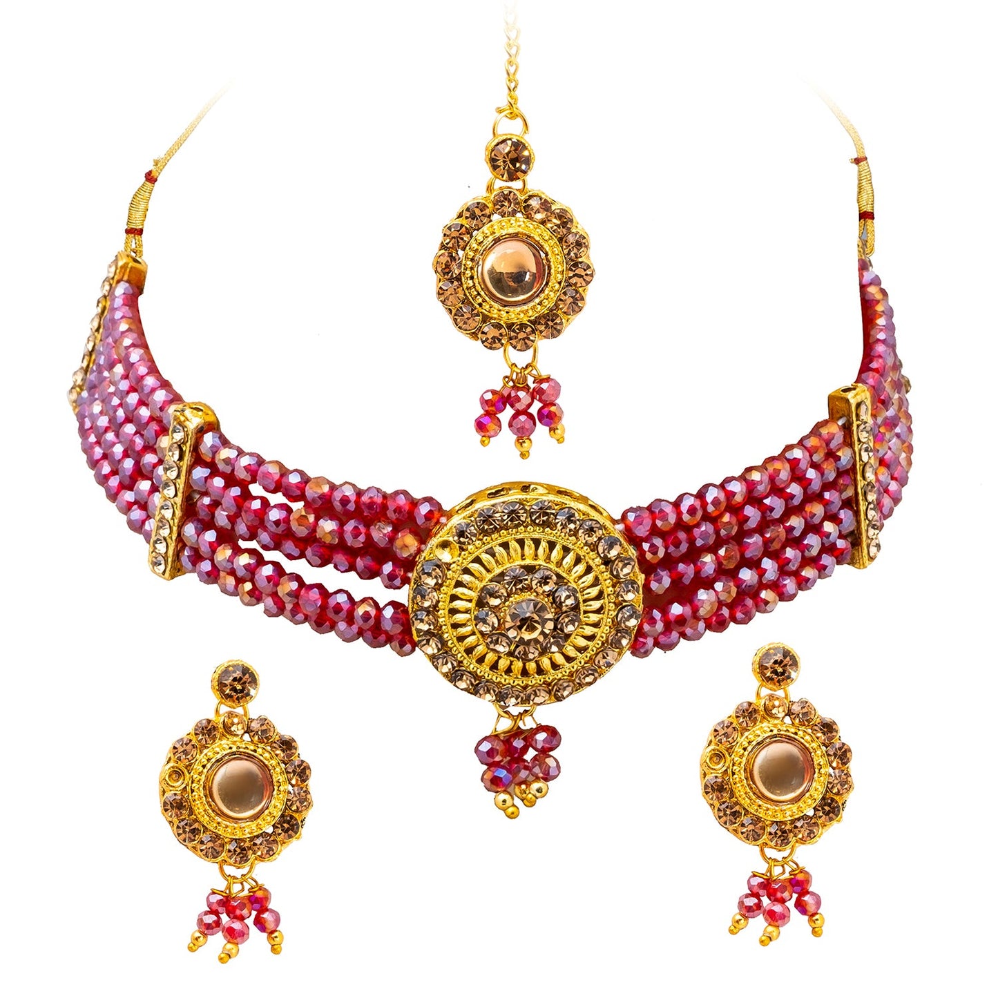 Shining Jewel Gold Plated Kundan Pearl Choker Bridal Necklace Combo Jewellery Set with Maang Tikka and Earrings for Women (SJN_157_M)