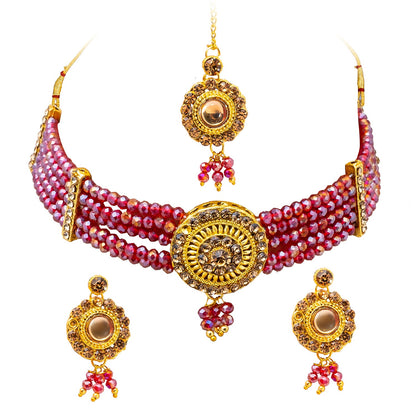 Shining Jewel Gold Plated Kundan Pearl Choker Bridal Necklace Combo Jewellery Set with Maang Tikka and Earrings for Women (SJN_157_M)