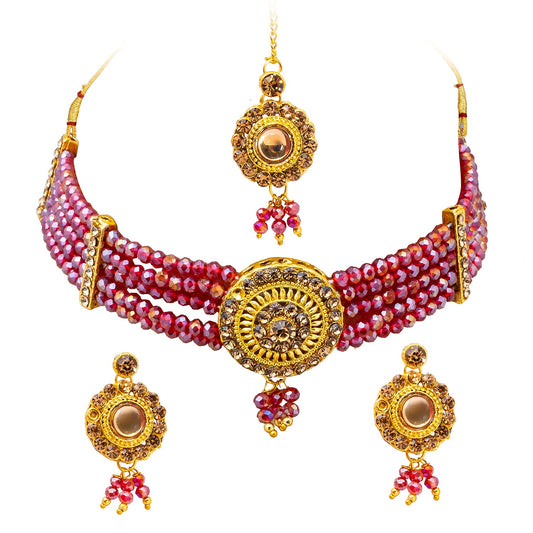 Shining Jewel Gold Plated Kundan Pearl Choker Bridal Necklace Combo Jewellery Set with Maang Tikka and Earrings for Women (SJN_157_M)