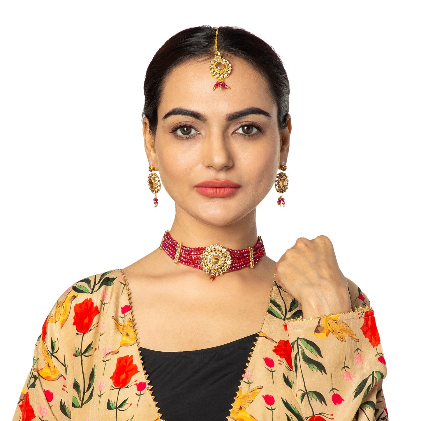 Shining Jewel Gold Plated Kundan Pearl Choker Bridal Necklace Combo Jewellery Set with Maang Tikka and Earrings for Women (SJN_157_M)
