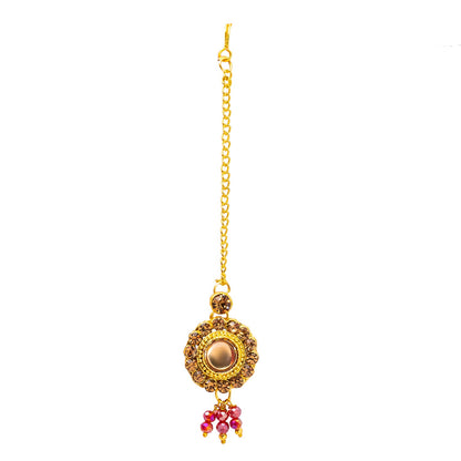 Shining Jewel Gold Plated Kundan Pearl Choker Bridal Necklace Combo Jewellery Set with Maang Tikka and Earrings for Women (SJN_157_M)