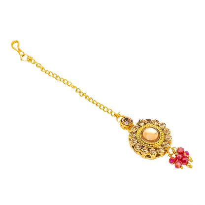 Shining Jewel Gold Plated Kundan Pearl Choker Bridal Necklace Combo Jewellery Set with Maang Tikka and Earrings for Women (SJN_157_M)