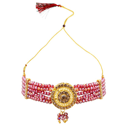 Shining Jewel Gold Plated Kundan Pearl Choker Bridal Necklace Combo Jewellery Set with Maang Tikka and Earrings for Women (SJN_157_M)