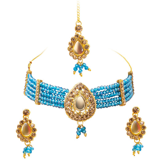 Shining Jewel Gold Plated Kundan Pearl Choker Bridal Necklace Combo Jewellery Set with Maang Tikka and Earrings for Women (SJN_158_AQ)