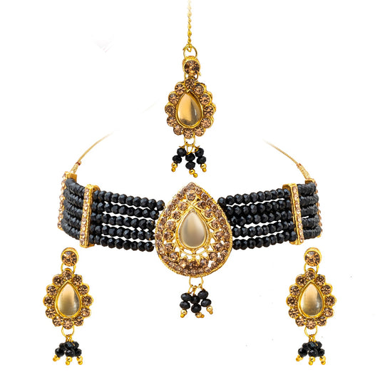 Gold Plated Kundan Pearl Choker Bridal Necklace Combo Jewellery Set with Maang Tikka and Earrings for Women (SJN_158_BK)