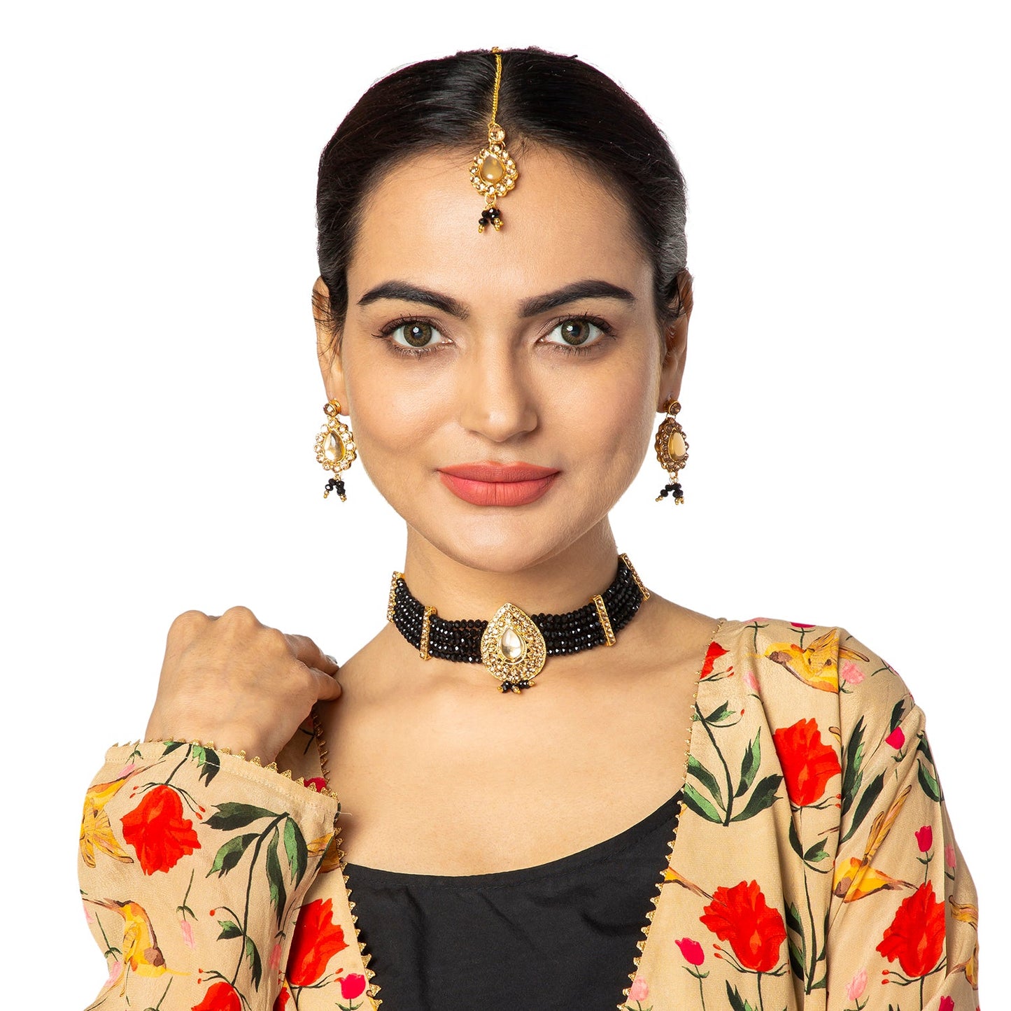 Gold Plated Kundan Pearl Choker Bridal Necklace Combo Jewellery Set with Maang Tikka and Earrings for Women (SJN_158_BK)