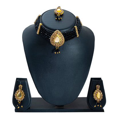 Gold Plated Kundan Pearl Choker Bridal Necklace Combo Jewellery Set with Maang Tikka and Earrings for Women (SJN_158_BK)