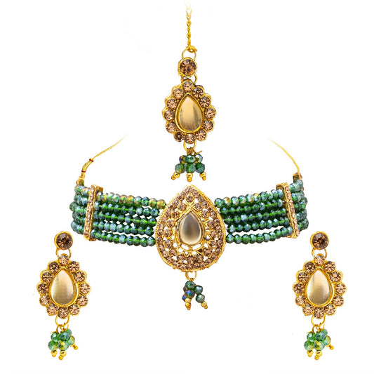 Shining Jewel Gold Plated Kundan Pearl Choker Bridal Necklace Combo Jewellery Set with Maang Tikka and Earrings for Women (SJN_158_G)