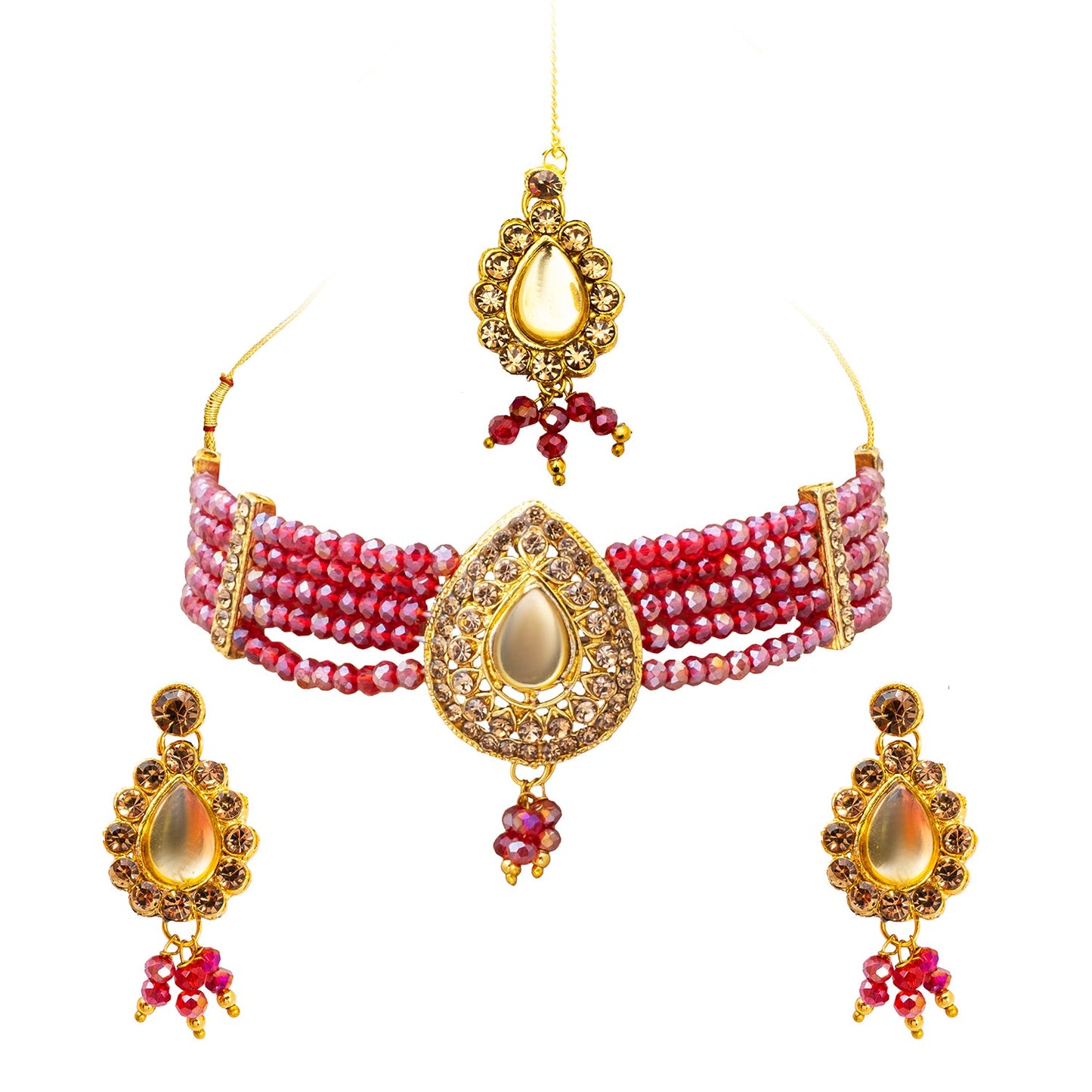 Shining Jewel Gold Plated Kundan Pearl Choker Bridal Necklace Combo Jewellery Set with Maang Tikka and Earrings for Women (SJN_158_M)