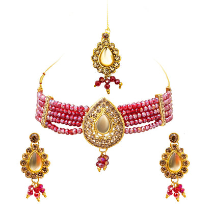 Shining Jewel Gold Plated Kundan Pearl Choker Bridal Necklace Combo Jewellery Set with Maang Tikka and Earrings for Women (SJN_158_M)