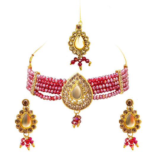 Shining Jewel Gold Plated Kundan Pearl Choker Bridal Necklace Combo Jewellery Set with Maang Tikka and Earrings for Women (SJN_158_M)