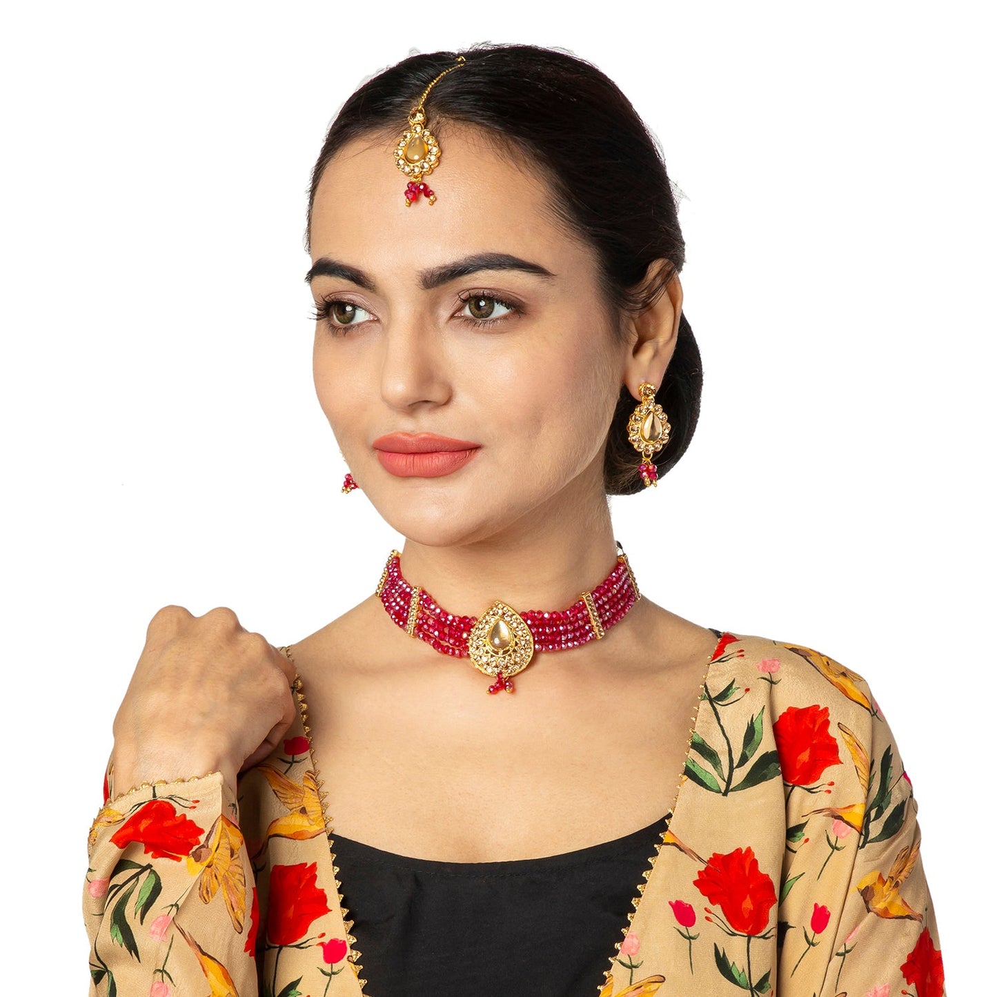 Shining Jewel Gold Plated Kundan Pearl Choker Bridal Necklace Combo Jewellery Set with Maang Tikka and Earrings for Women (SJN_158_M)