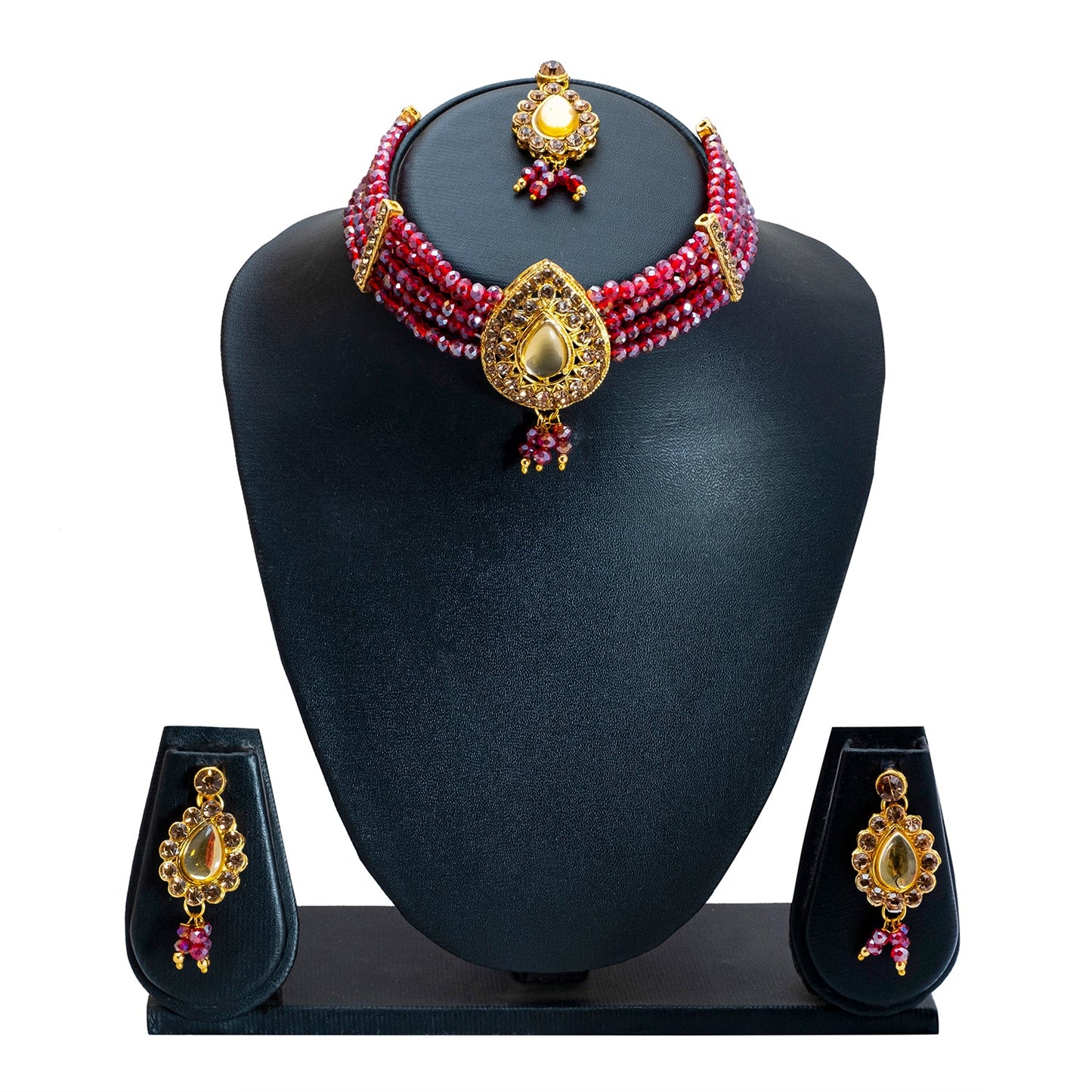 Shining Jewel Gold Plated Kundan Pearl Choker Bridal Necklace Combo Jewellery Set with Maang Tikka and Earrings for Women (SJN_158_M)
