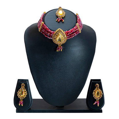 Shining Jewel Gold Plated Kundan Pearl Choker Bridal Necklace Combo Jewellery Set with Maang Tikka and Earrings for Women (SJN_158_M)