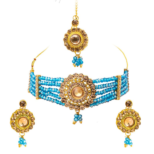 Shining Jewel Gold Plated Kundan Pearl Choker Bridal Necklace Combo Jewellery Set with Maang Tikka and Earrings for Women (SJN_159_AQ)