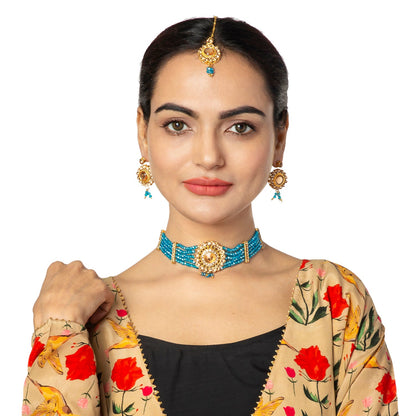 Shining Jewel Gold Plated Kundan Pearl Choker Bridal Necklace Combo Jewellery Set with Maang Tikka and Earrings for Women (SJN_159_AQ)