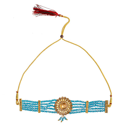 Shining Jewel Gold Plated Kundan Pearl Choker Bridal Necklace Combo Jewellery Set with Maang Tikka and Earrings for Women (SJN_159_AQ)