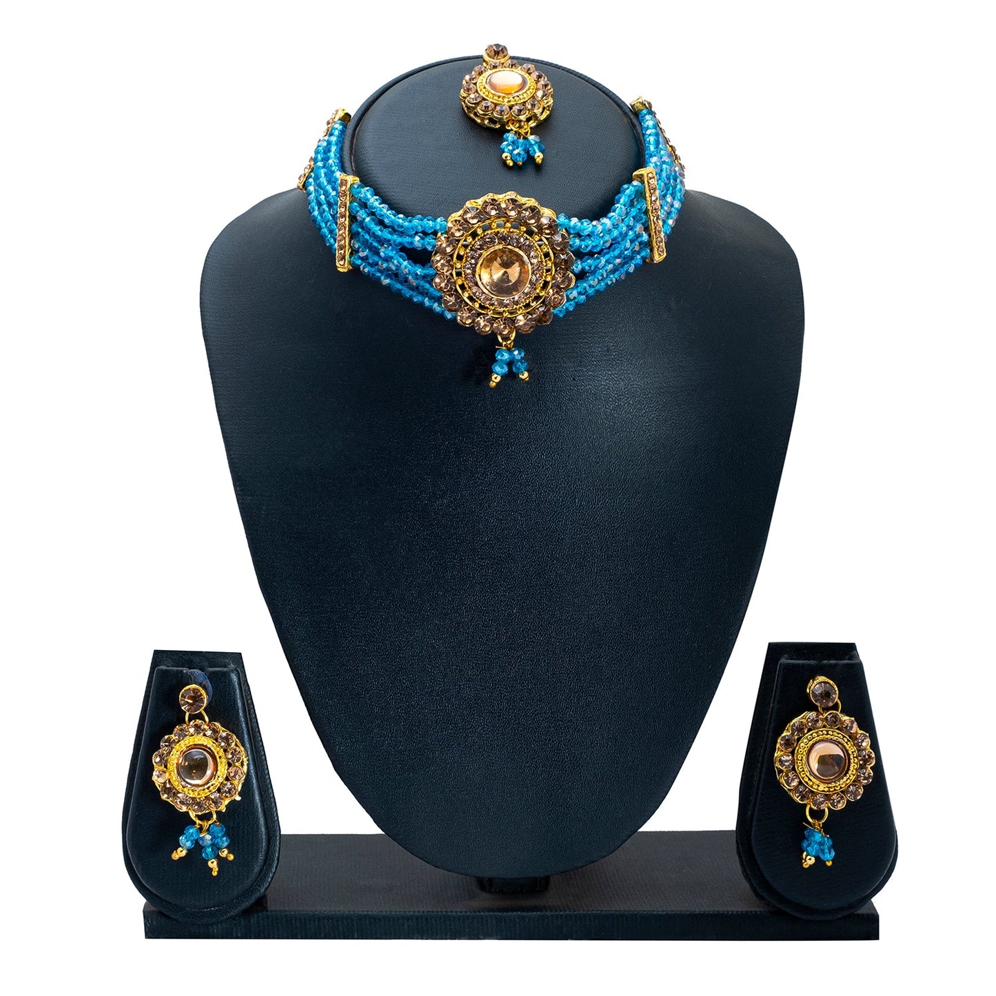 Shining Jewel Gold Plated Kundan Pearl Choker Bridal Necklace Combo Jewellery Set with Maang Tikka and Earrings for Women (SJN_159_AQ)