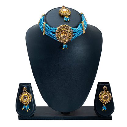 Shining Jewel Gold Plated Kundan Pearl Choker Bridal Necklace Combo Jewellery Set with Maang Tikka and Earrings for Women (SJN_159_AQ)