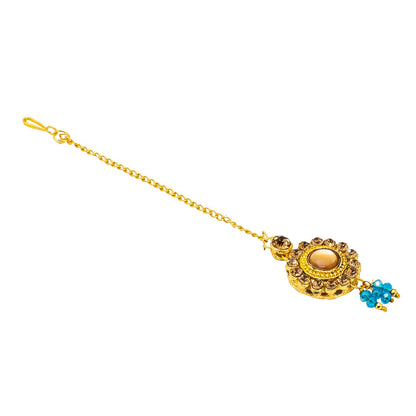 Shining Jewel Gold Plated Kundan Pearl Choker Bridal Necklace Combo Jewellery Set with Maang Tikka and Earrings for Women (SJN_159_AQ)