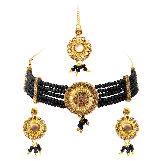 Shining Jewel Gold Plated Kundan Pearl Choker Bridal Necklace Combo Jewellery Set with Maang Tikka and Earrings for Women (SJN_159_BK)