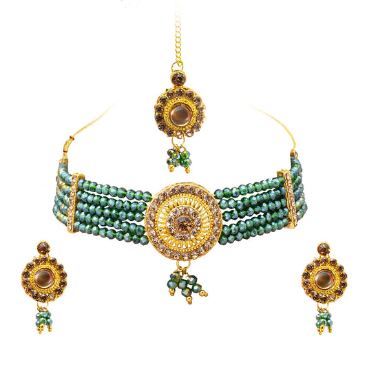 Shining Jewel Gold Plated Kundan Pearl Choker Bridal Necklace Combo Jewellery Set with Maang Tikka and Earrings for Women (SJN_159_G)