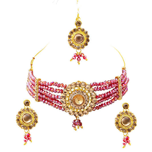 Gold Plated Kundan Pearl Choker Bridal Necklace Combo Jewellery Set with Maang Tikka and Earrings for Women (SJN_159_M)