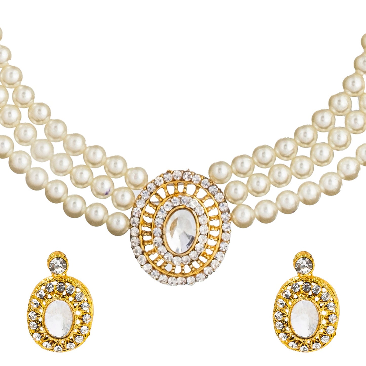 Shining Jewel Traditional Multistrand White Beads Kundan, Gold Stone Studded Pearl Necklace With Matching Earrings For Women (SJN_165)