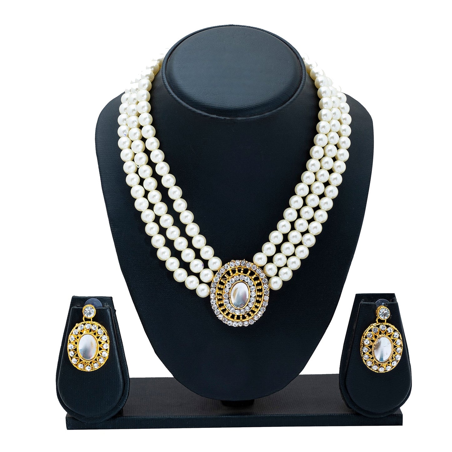 Shining Jewel Traditional Multistrand White Beads Kundan, Gold Stone Studded Pearl Necklace With Matching Earrings For Women (SJN_165)