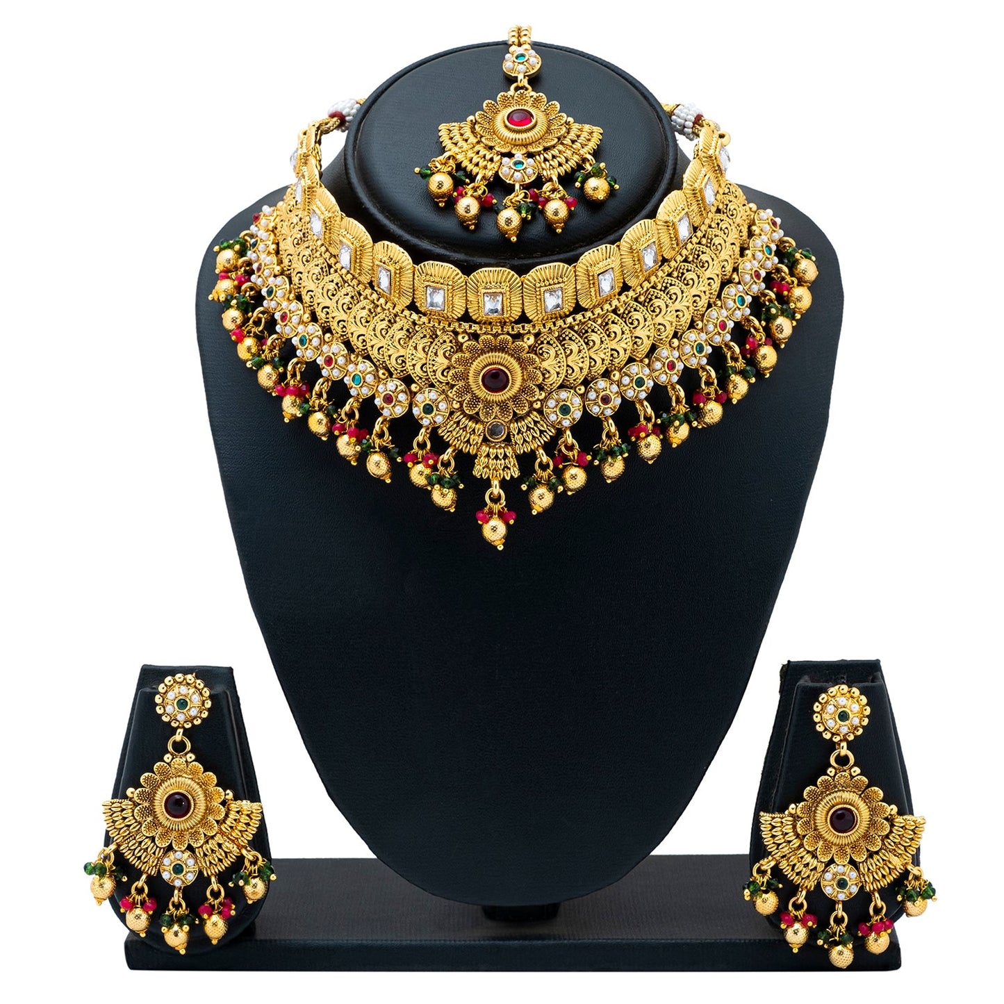 Shining Jewel Handcrafted Gold Plated Matte Traditional Kundan,CZ, AD,Studded Choker Jewellery Necklace set With Matching Earring For Women (SJN_166)