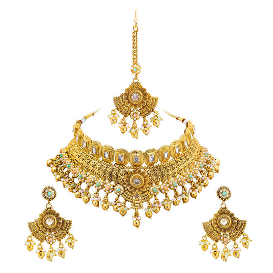 Shining Jewel Handcrafted Gold Plated Matte Traditional Kundan,CZ, AD,Studded Choker Jewellery Necklace set With Matching Earring For Women (SJN_167)