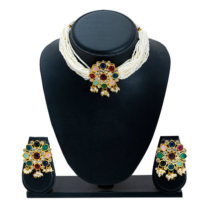 Shining Jewel Gold Plated Multicolor Meenakari, CZ & Multilayer Pearls Adjustable Dori Pendant Necklace with Matching Earrings for Women (SJN_168)