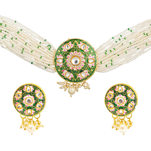Shining Jewel Gold Plated Green Meenakari, CZ & Multilayer Pearls Adjustable Dori Pendant Necklace with Matching Earrings for Women (SJN_170_G)